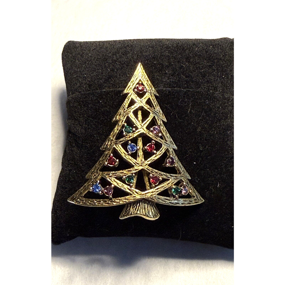 Vintage Gold Tone Christmas Tree Signed LIA Lianna Multi-Color Rhinestone Brooch